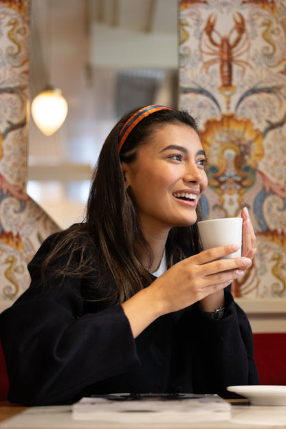 Serre-tête Dolorès – Serre-tête en satin orange et ruban bleu, style preppy chic