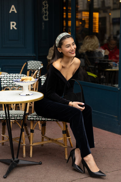 Serre-tête Martha – Accessoire cheveux brodé en satin Duchesse vert