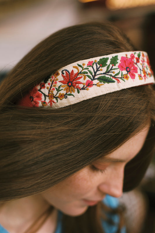 Serre-tête Luce rouge fleuri brodé