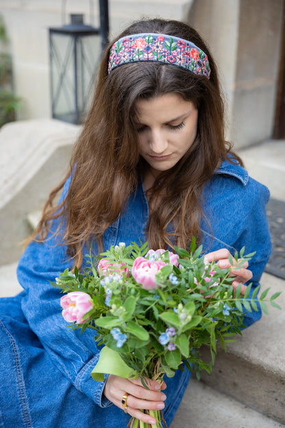 Serre-tête Mary Jane – Tulle brodé rose et vert | Accessoire cheveux bohème
