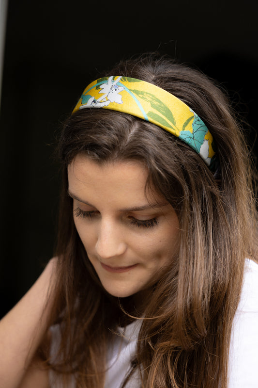 Serre-tête Iris plat – Soie jaune et lavande | Accessoire cheveux élégant
