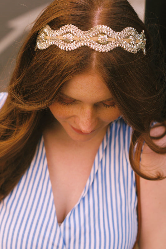 Serre-tête Salomé perlé argenté