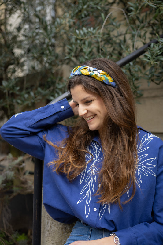 Serre-tête Iris tressé – Soie jaune et lavande | Accessoire cheveux bohème chic